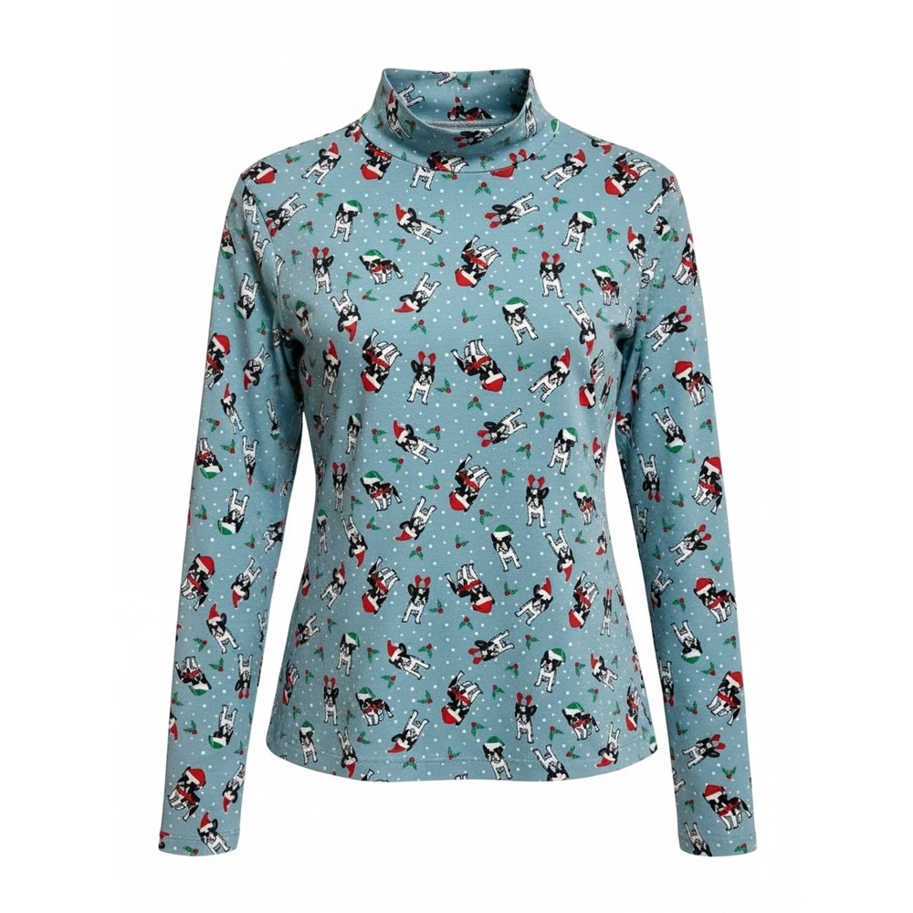 Time and Tru Womens Boston Terrier Frenchie Christmas Mock Neck Top Blue L 12-14
